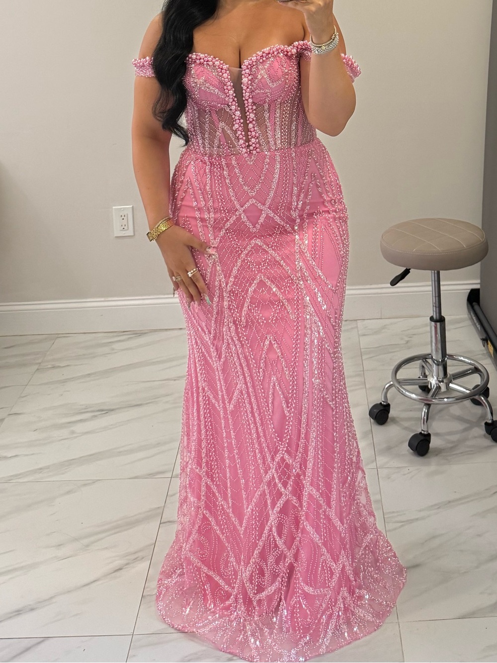 Pink Beaded Corset Off-Shoulder Custom Evening Gown